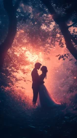 Romantic silhouette beneath glowing forest canopy at sunset.