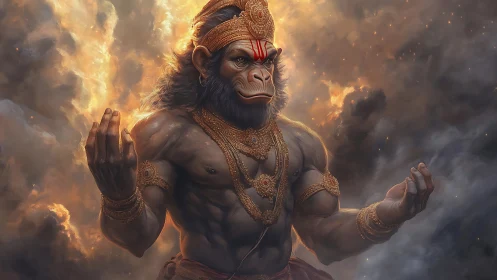 Stormforged monkey deity rising in blazing celestial clouds.
