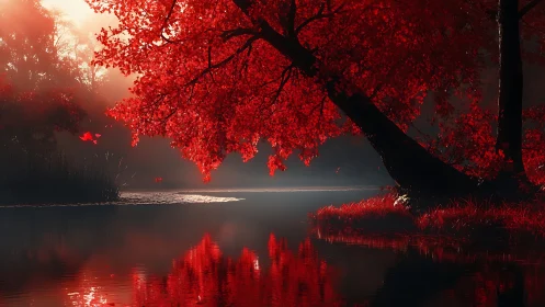 Crimson maple glows over a tranquil misty lakeside at dusk