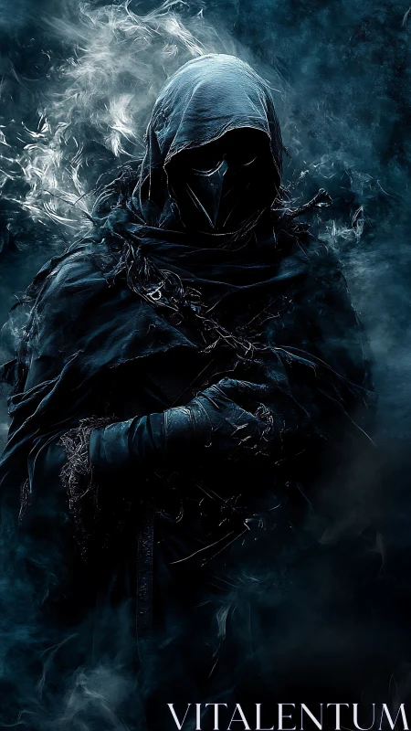 Dark hooded wraith portrait in high-contrast digital painting.