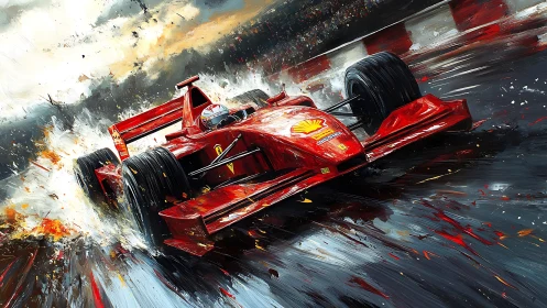 Dynamic Formula One car painted with expressive motion strokes