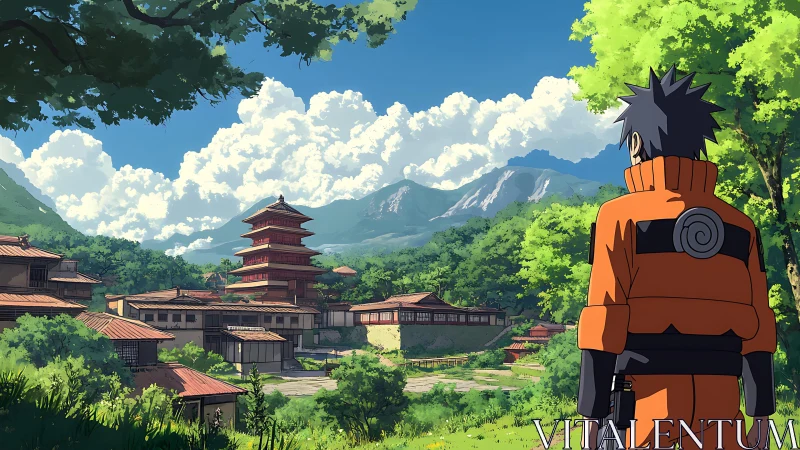 Anime ninja overlooks traditional village in mountains.