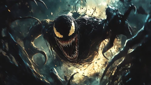 Teeth-first shadow beast erupts from a storm of black tendrils