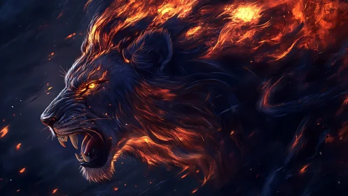 Fiery lion spirit roaring with glowing embers and power.