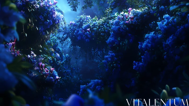 Bioluminescent floral ravine rendered in cinematic blue light