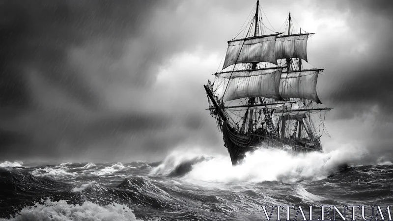 Storm-driven square-rigged tall ship in high-contrast seascape.
