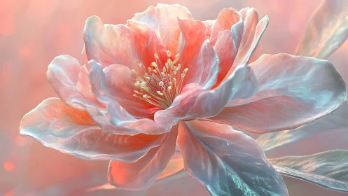 Iridescent peony bloom glows in soft pastel light.