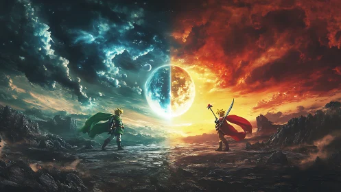 Opposed warriors under divided sky and central celestial body.