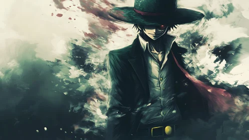 Anime noir gunslinger in smoky, high-contrast composition.