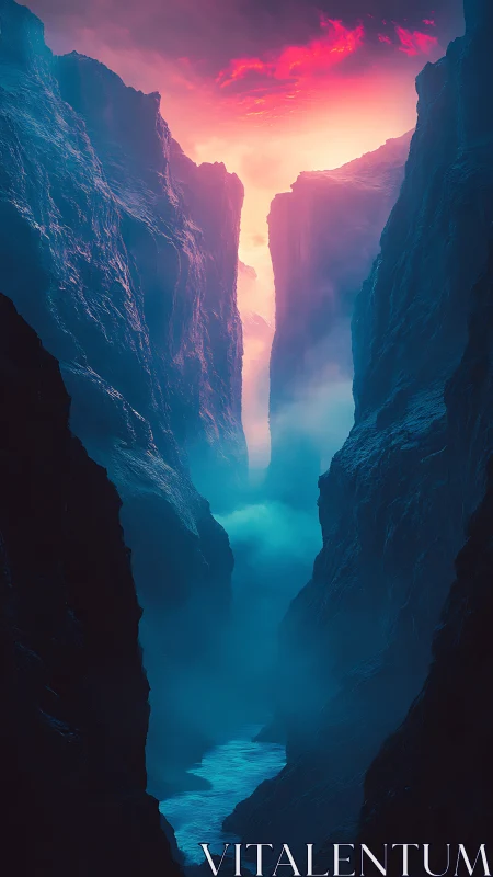 Neon chasm of mist and firelit sky at the world’s edge.
