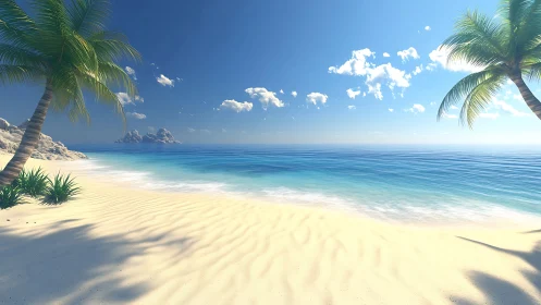 Tropical beach with palm trees, white sand, and turquoise ocean water.