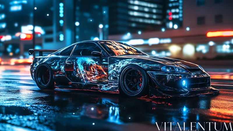 Widebody tuner coupe with reflective neon bodywork rendered in 3D