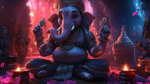 Serene Ganesha idol glows in vibrant temple candlelight