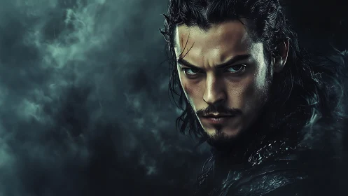 Cinematic warrior portrait in low key atmospheric lighting.