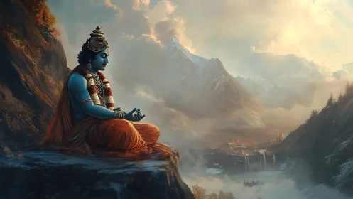 Blue-skinned robed figure seated above misty mountain valley.