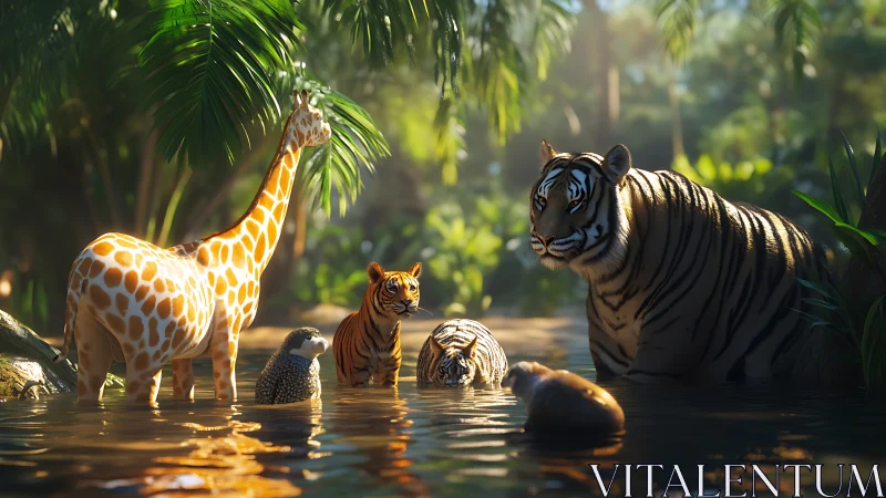 Large animals drinking at river in dense jungle clearing with palm trees.