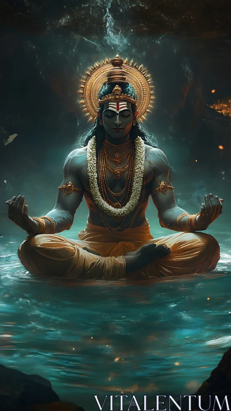 Divine blue-skinned yogi in jeweled crown meditating over water
