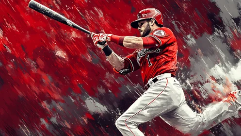 Electric red baseball swing frozen in bold digital motion.