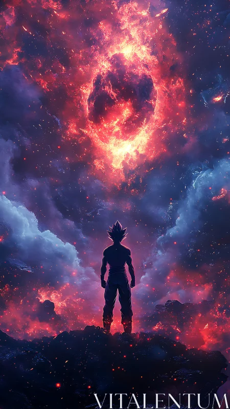 Lone warrior stands beneath blazing celestial firestorm sky