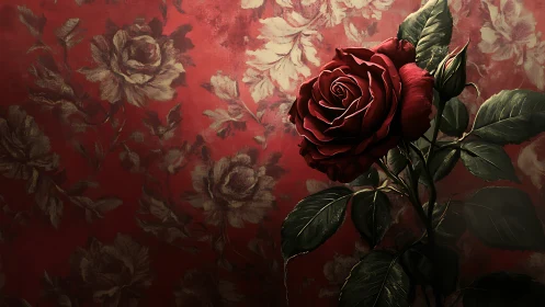 Deep Crimson Rose: Digital Botanical Study Against Damask Wallpaper.