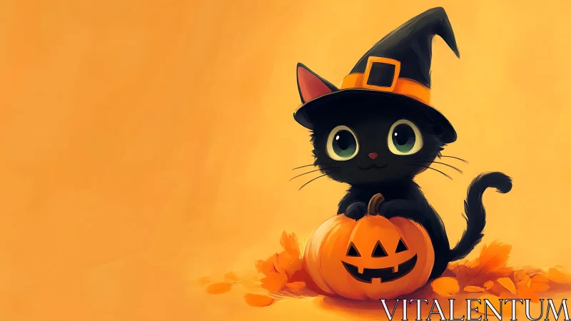 Black witch cat wearing pointed hat sits on carved jack-o-lantern pumpkin