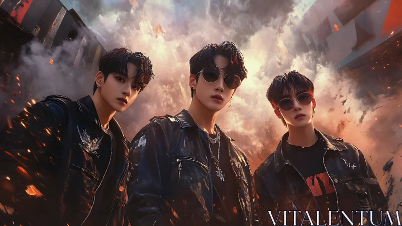 Stylized boy band in burning urban alley explosion scene.