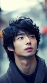 Softly lit portrait of young man in wistful urban calm.