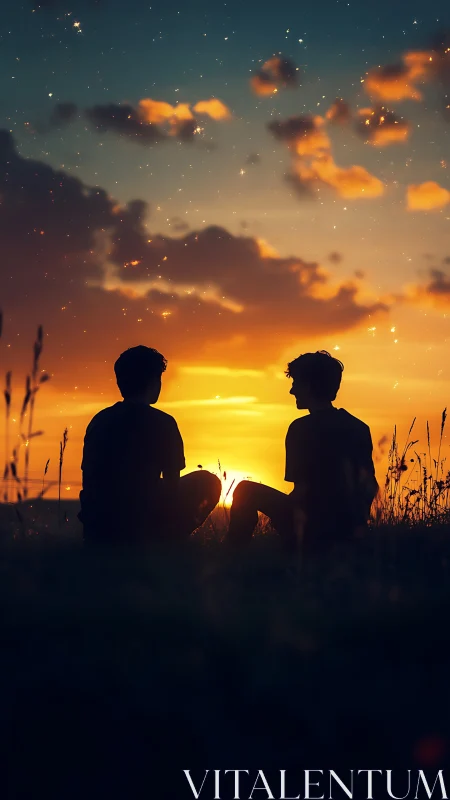 Silhouetted friends share a glowing, star-filled sunset sky.