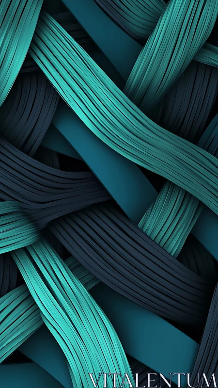 Teal and navy intertwined ribbon strands in close abstract view.