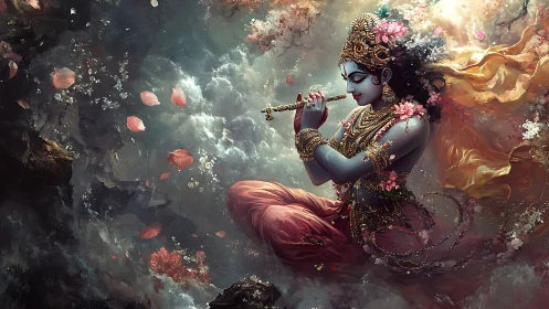 Divine flute player surrounded by drifting blossoms and light.