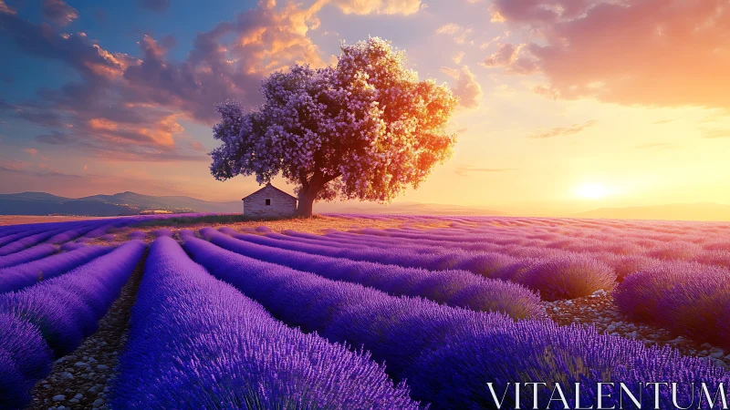 Lavender field at sunset with lone tree and small house.