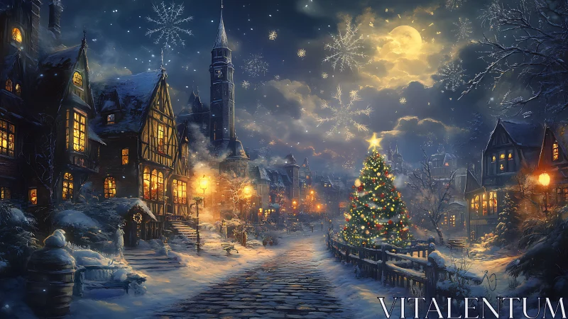 Victorian village glows under moonlit snowy Christmas sky.