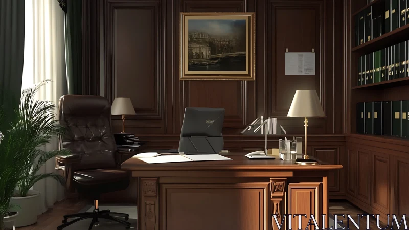 Executive mahogany office interior with laptop, leather chair