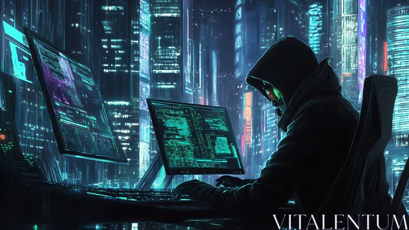 Cyberpunk hacker at multi-screen workstation in neon city.