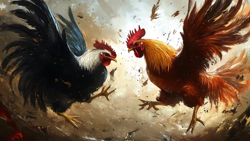 Rooster Combat Clash: Dramatic Confrontation with Dynamic Feather Displacement