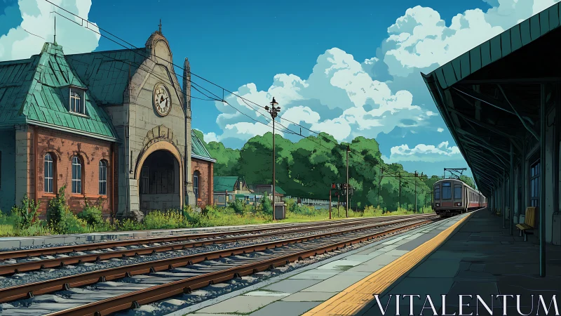 Historic rural rail station under summer cumulonimbus sky.