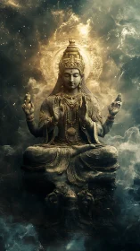 Starlit stone deity drifting in a nebula of silent prayers.