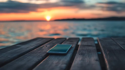 Quiet phone on a wooden pier under a soft sunset glow.