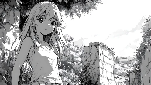 Quiet summer wanderer among gentle overgrown ruins.