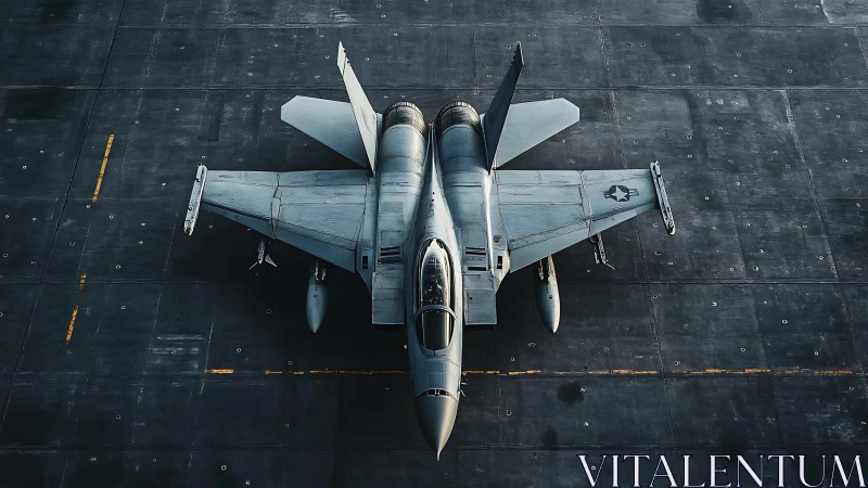 Carrier-deck overhead view of twin‑engine fighter jet.