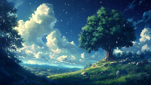 Lone hillside tree under luminous clouds and starlit sky.