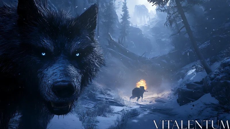 Large wolf occupies foreground in snowy forest ravine scene