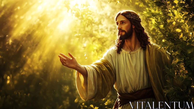 Sunlit savior walks through golden leaves and living light