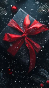 Black gift box with red ribbon amid falling snowflakes.