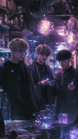 Mystical trio studies glowing artifacts in neon-lit lab.