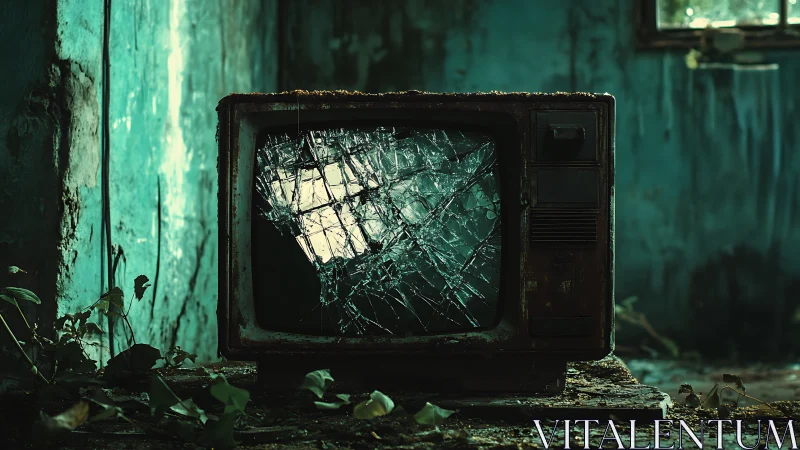 Broken retro TV in decayed teal room with creeping plants.