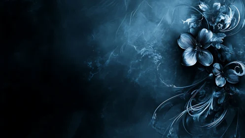 Chromatic cyan florals in swirling digital bloom field.