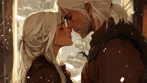 Winter Romance: Two Figures Sharing Intimate Moment in Snowfall