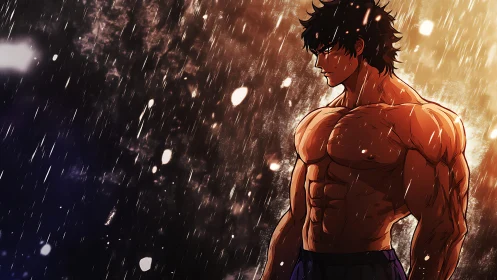 Muscular anime warrior stands in stormlit golden rain.