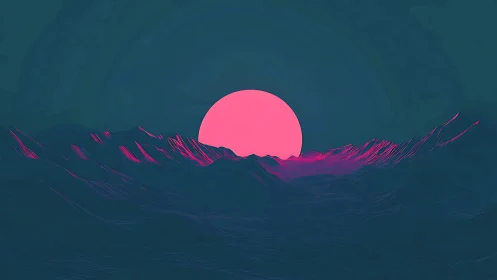 Neon sun drifts above tranquil waves in a dreamy twilight seascape